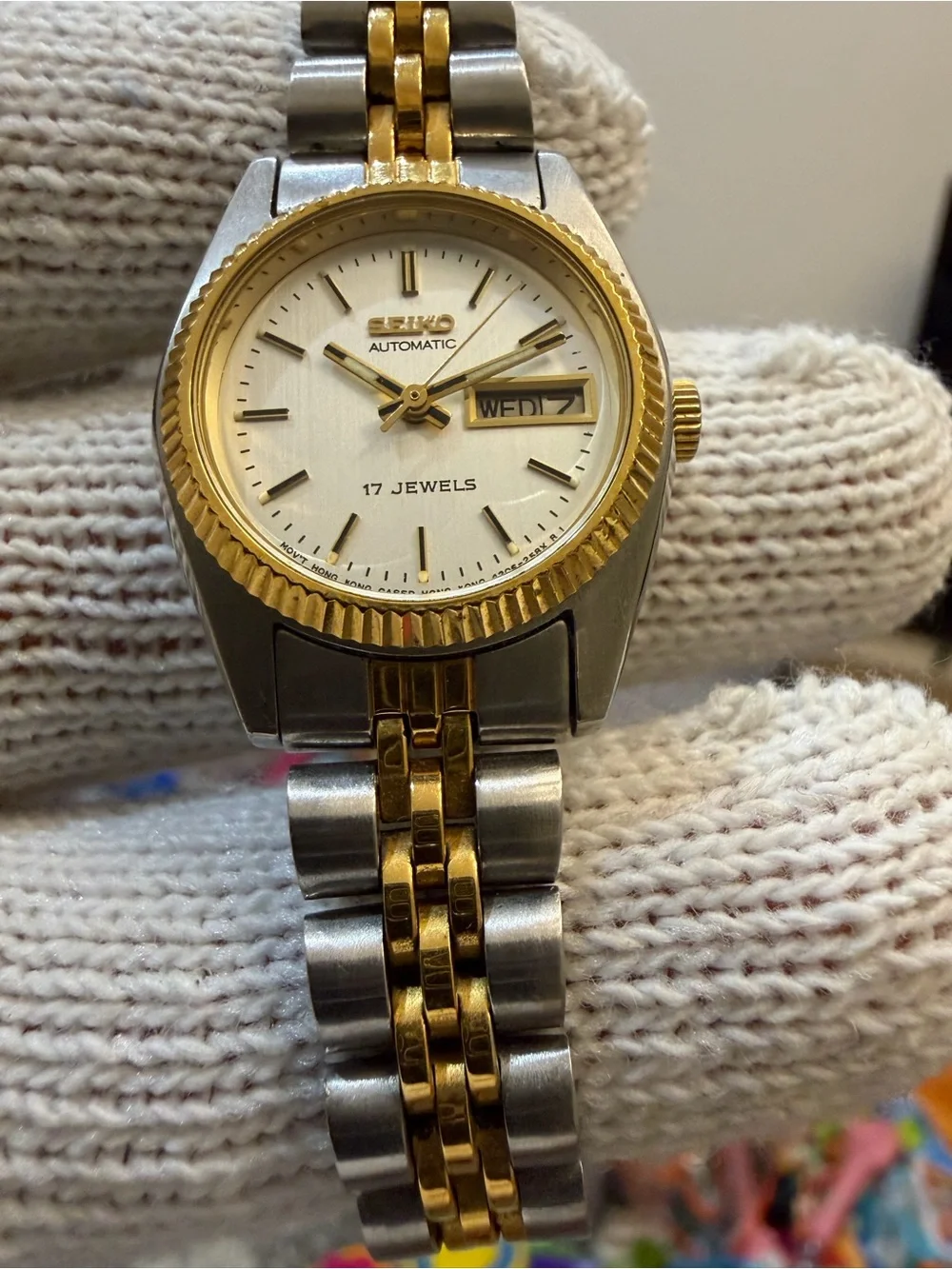 Vtg Seiko 4206-0519 Ladies Automatic Watch Two Tone Jubilee Day Date 17J Run